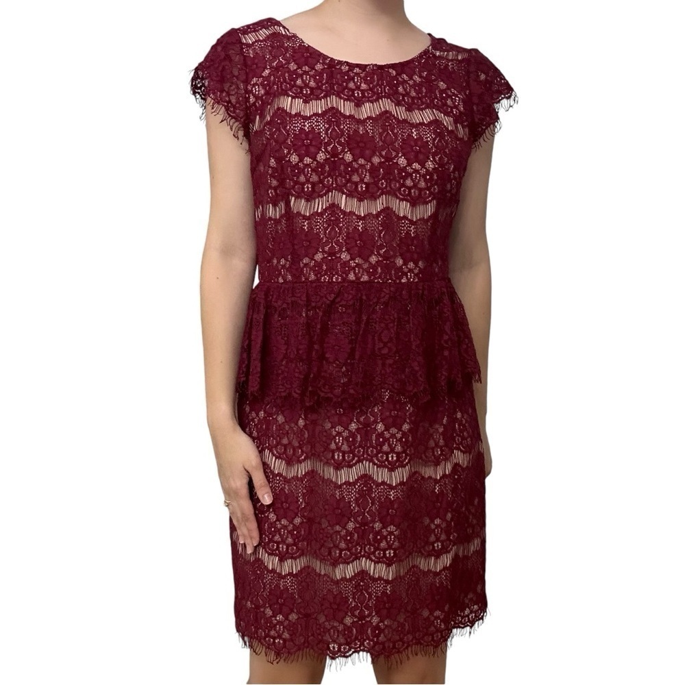 Maeve Anthropologie Dress Mini Sheath Peplum Modest Lace Maroon Size Medium New
